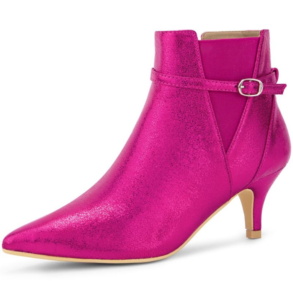 Women's Pointed Toe Elastic Kitten Heels Ankle Boots Hot Pink
